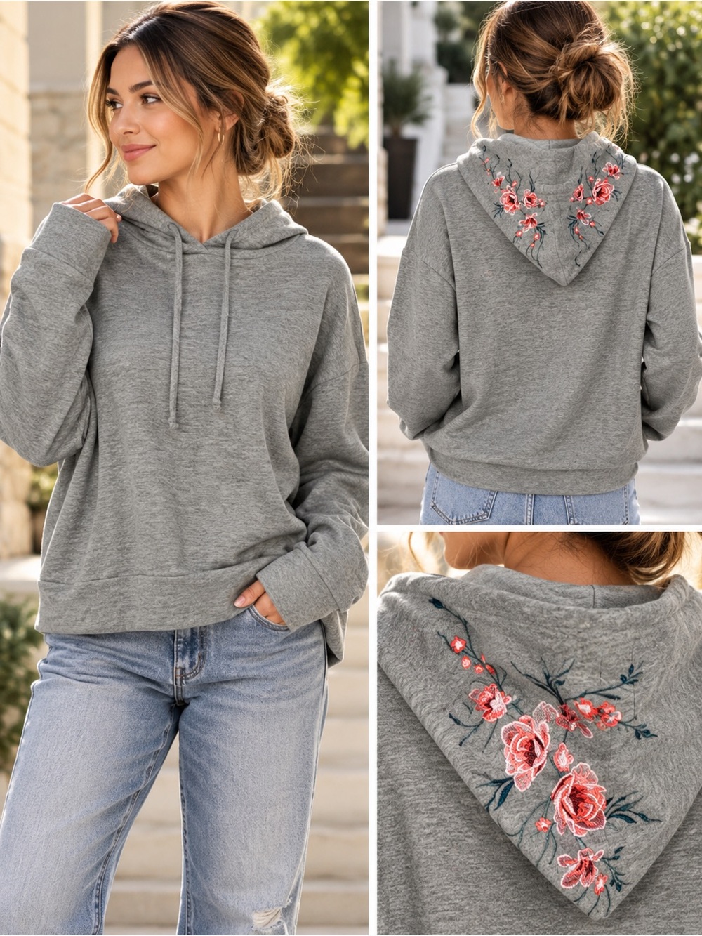 🌙✨Rue 21 Women's Gray Hooded Pullover Sweatshirt with Pink Floral Embroidery